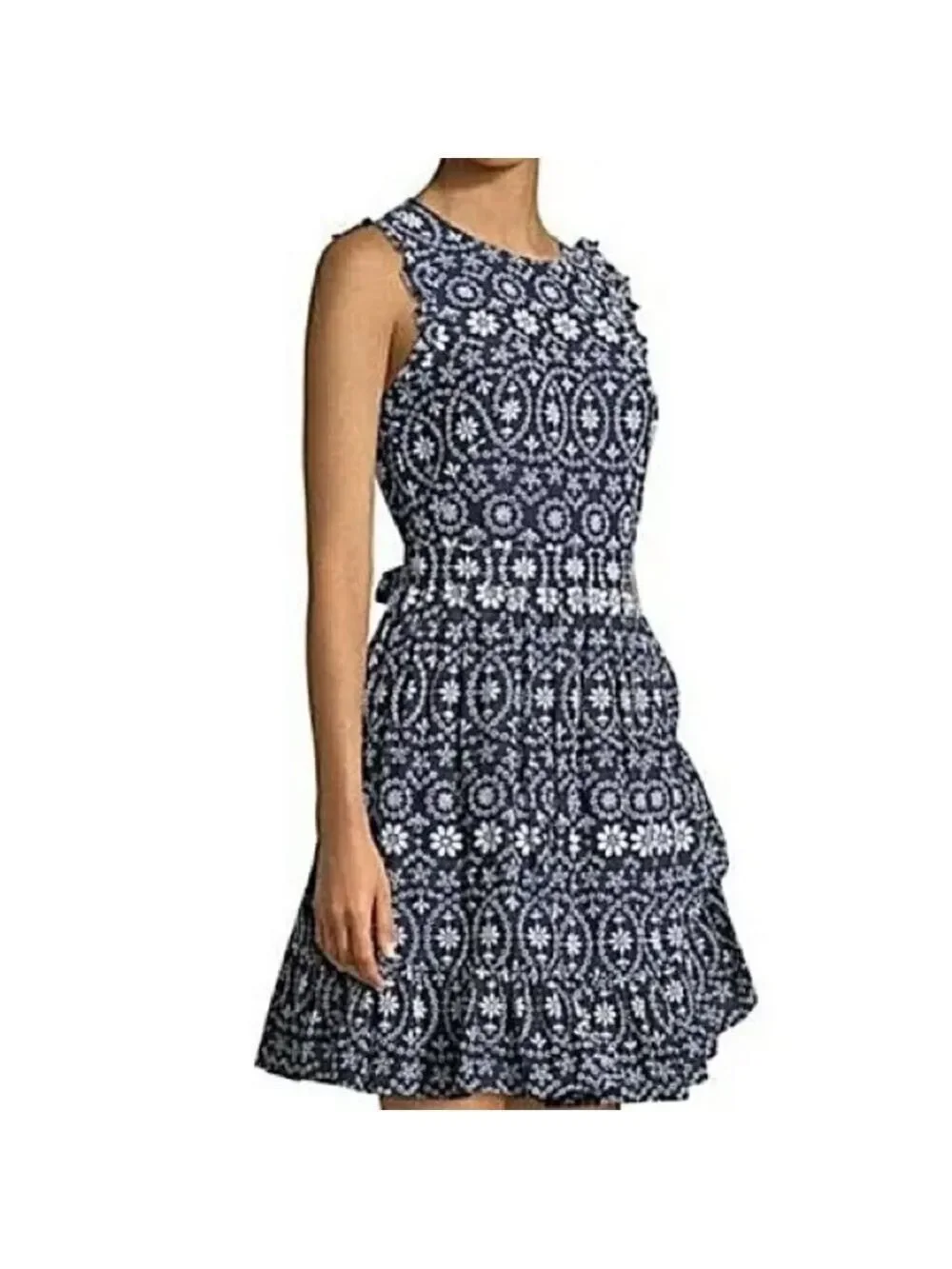 Kate Spade New York Sleeveless Navy and White Floral Eyelet Pattern Dress Sz 0